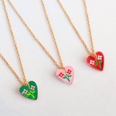 Necklace - Heart Floral Charm - Pink