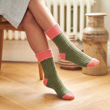 Cashmere Mix Slouch Socks - Khaki Green & Coral