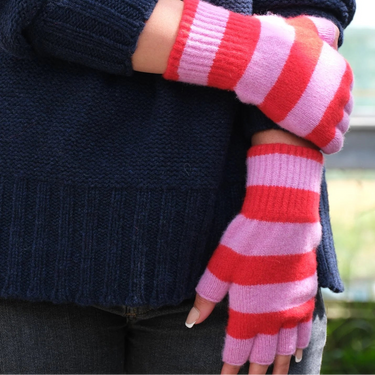 Stripe Fingerless Knitted Gloves - Pink & Red
