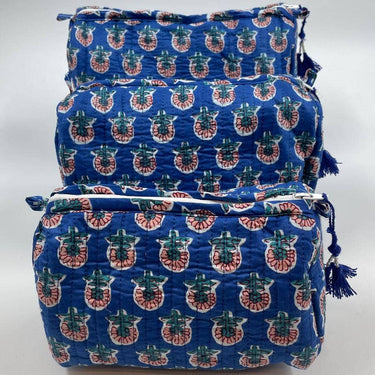 Quilted Wash Bag - Navy With Orange Flower