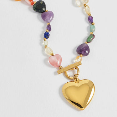 Multi-Gemstone Heart and Pebble T-Bar Necklace