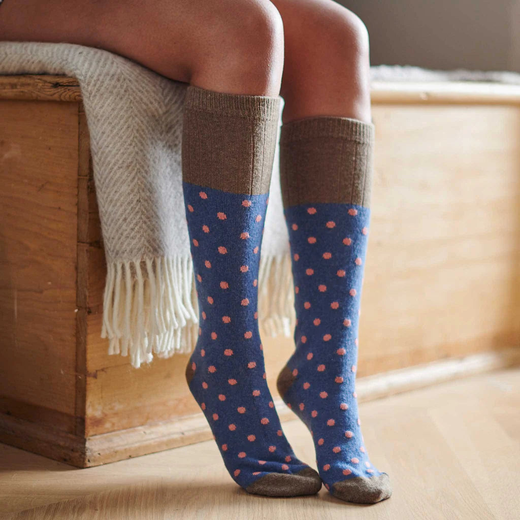 Catherine Tough Women's Lambswool Knee Socks Small spots navy