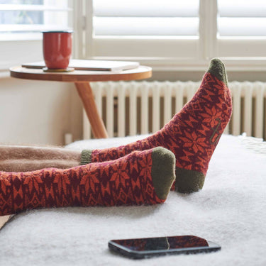 Men's Lambswool Ankle Socks - Fair Isle - Dark Red & Bright Red