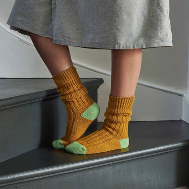 Large Unisex Recycled Silk Blend Ribbed Socks - Mustard & Mint