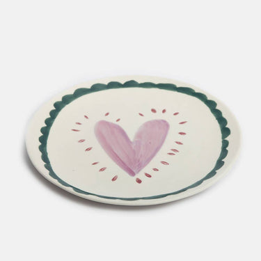 Round Stoneware Plate - Lilac Heart & Teal Scallop Border