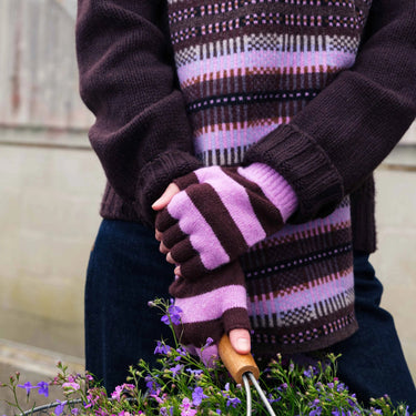 Stripe Fingerless Knitted Gloves - Lilac & Chocolate