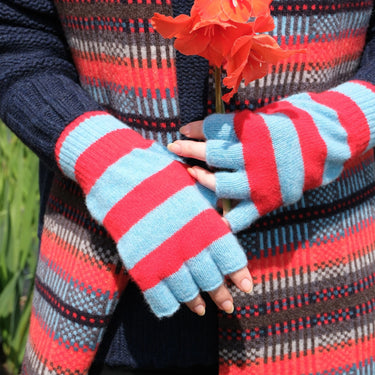 Stripe Fingerless Knitted Gloves - Red & Turquoise